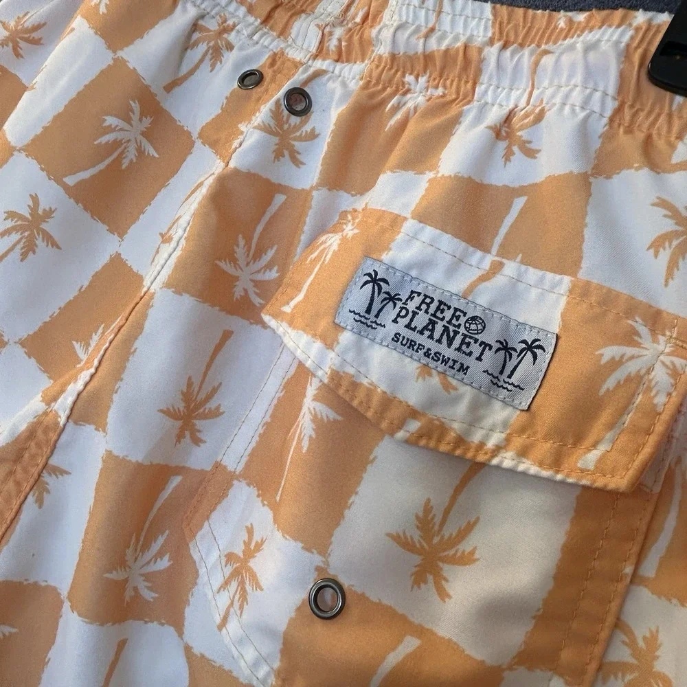Free Planet Mens Large Hawaiian Lined Swim Trunks & Shirt Orange & White
